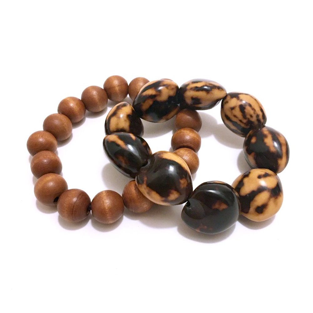Kukui Nut & Wooden Bead Bracelet Set